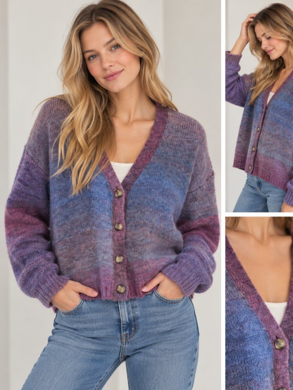 JohnPaulRichard Ombre Purple Lavender V-Neck Button Cardigan